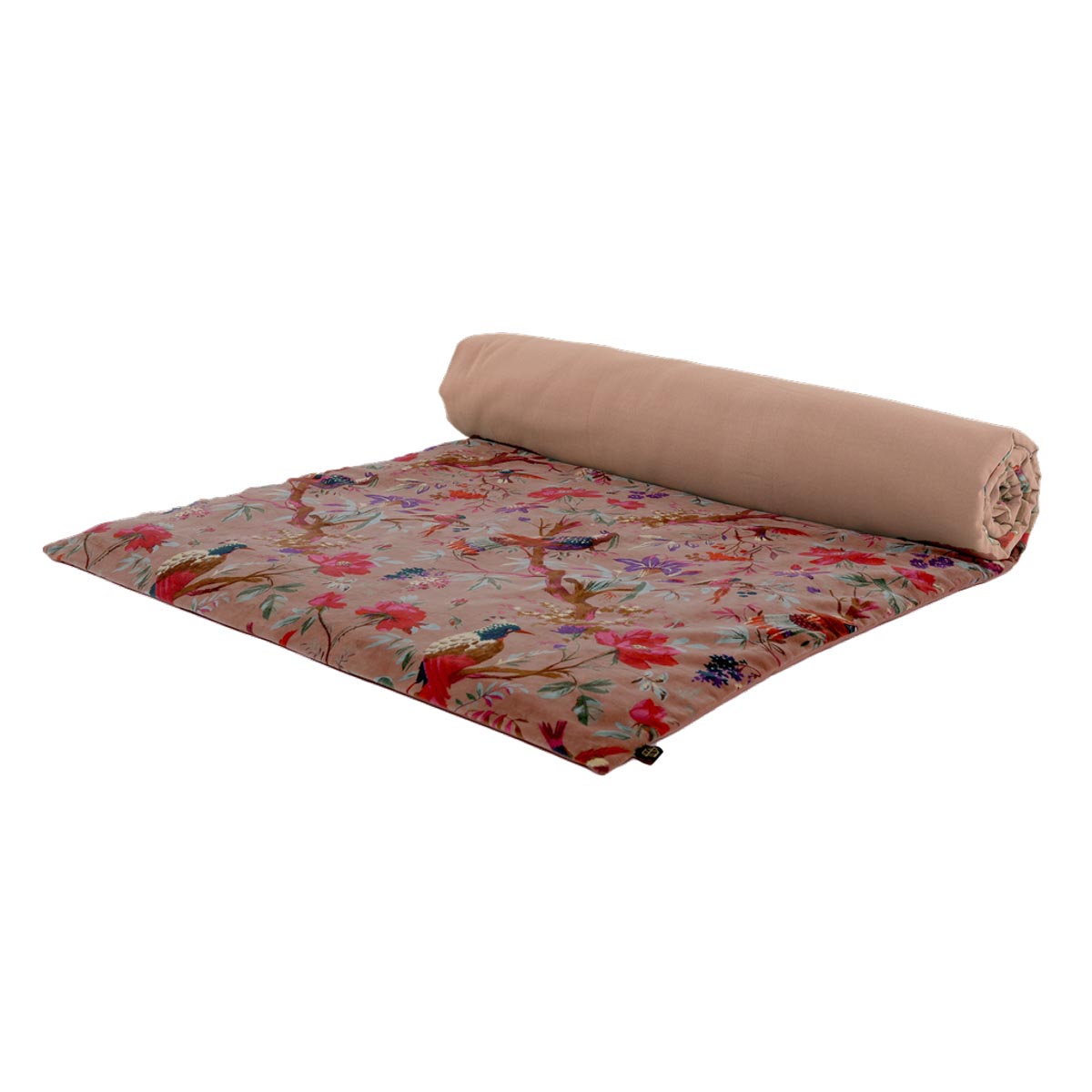 Housse d’édredon Birdy en velours Mocaccino, imprimé oiseaux et fleurs – Haomy Harmony Textile, ambiance nature chic et cosy.