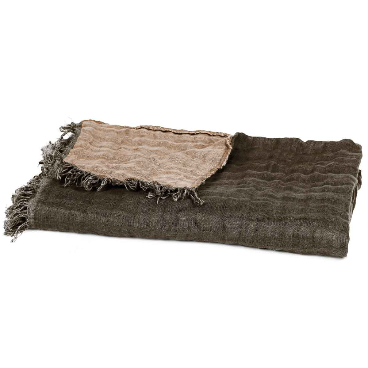 Plaid Baya en lin et coton Harmony Haomy 135x200 cm, jeté de lit et canapé, coloris Brownie/Tabac