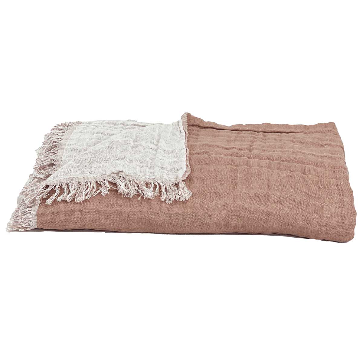 Plaid Baya en lin et coton Harmony Haomy 135x200 cm, jeté de lit et canapé, coloris Pétale/Ivoire