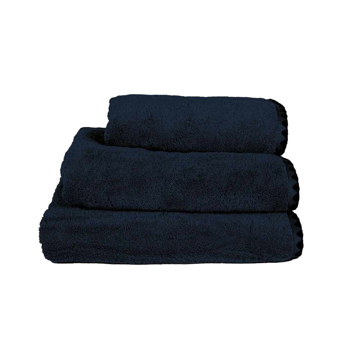 Serviette de bain Issey Haomy en coton 550 g/m², coloris encre, finition overlock noir, disponible en 3 tailles – douce et absorbante