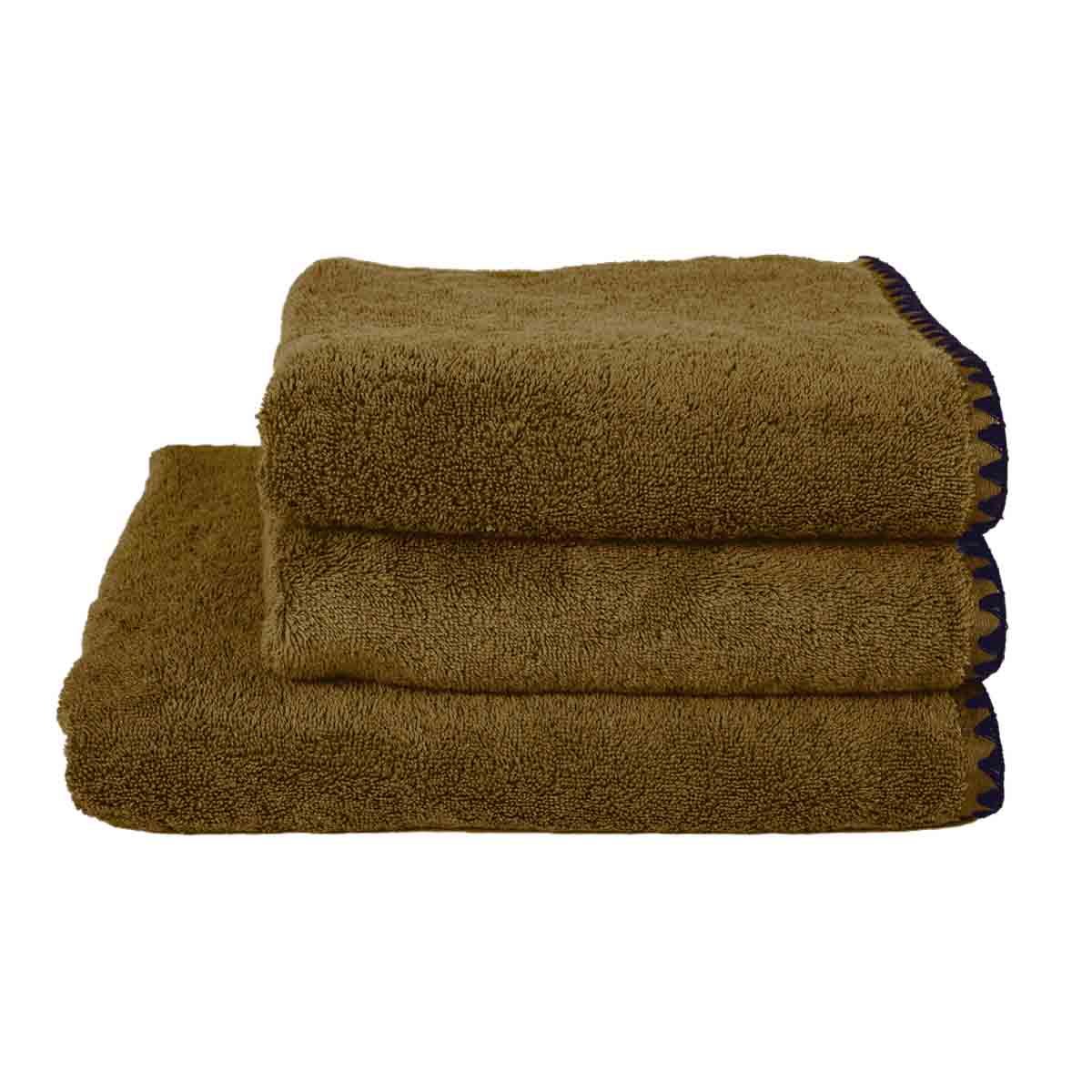 Serviette de bain Issey Haomy en coton 550 g/m², coloris gold, finition overlock noir, disponible en 3 tailles – douce et absorbante