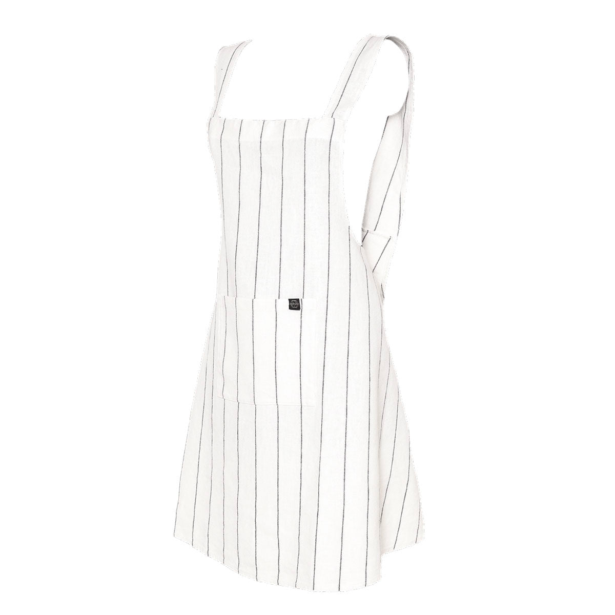 Tablier japonais Calvi Haomy en lin lavé et coton, motif à fines rayures noires – coloris Blanc, coupe croisée et finitions soignées