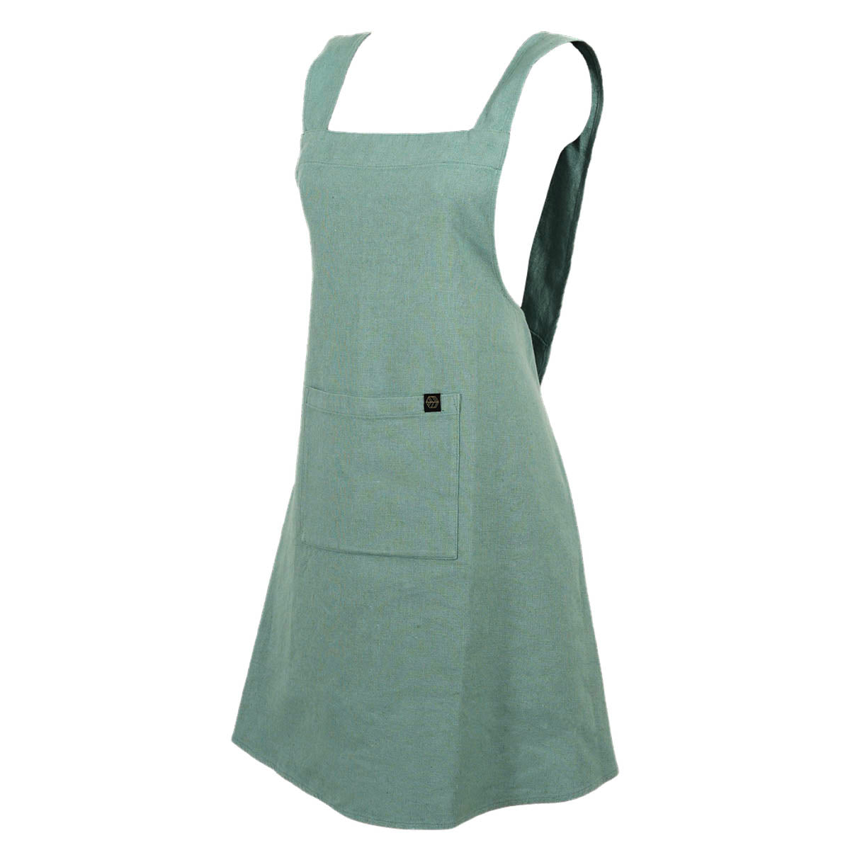 Tablier japonais Osani Haomy en lin lavé et coton, coloris Céladon – coupe croisée au dos et finitions élégantes