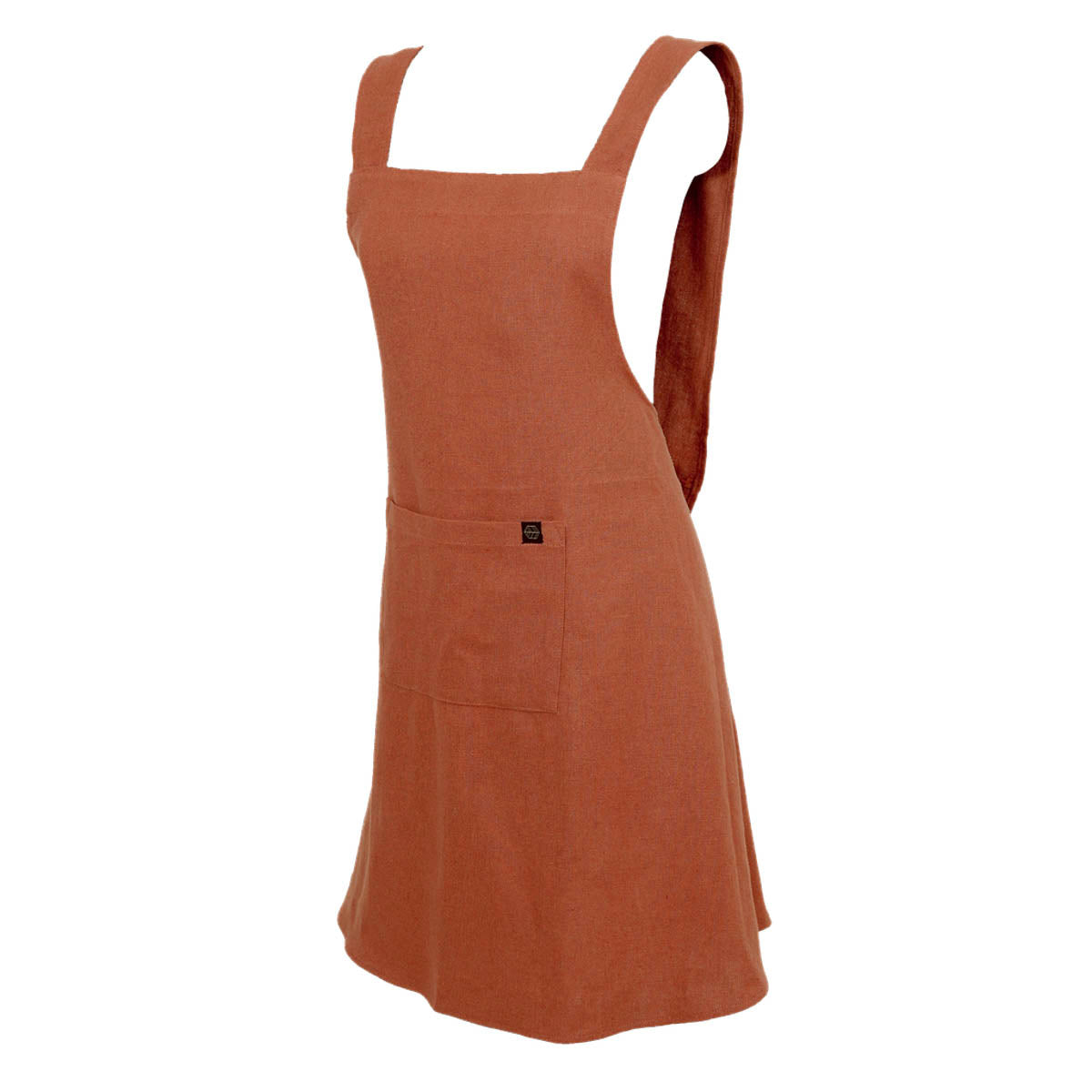 Tablier japonais Osani Haomy en lin lavé et coton, coloris Terre brulée – coupe croisée au dos et finitions élégantes
