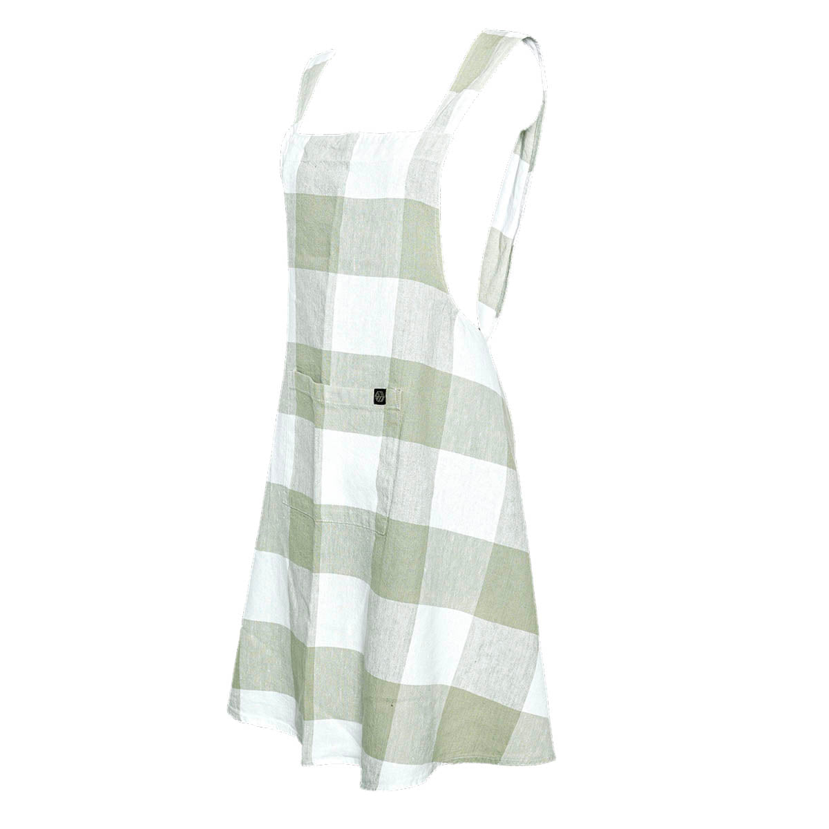 Tablier japonais Palma II Haomy en lin et coton, motif à grands carreaux coloris Amande – coupe croisée et finitions élégantes