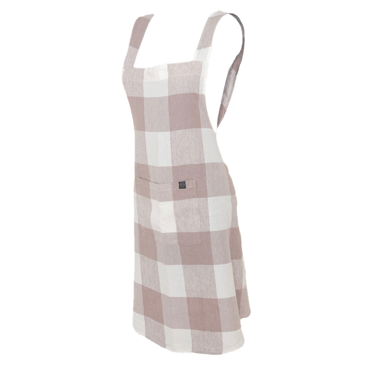Tablier japonais Palma II Haomy en lin et coton, motif à grands carreaux coloris Pétale – coupe croisée et finitions élégantes