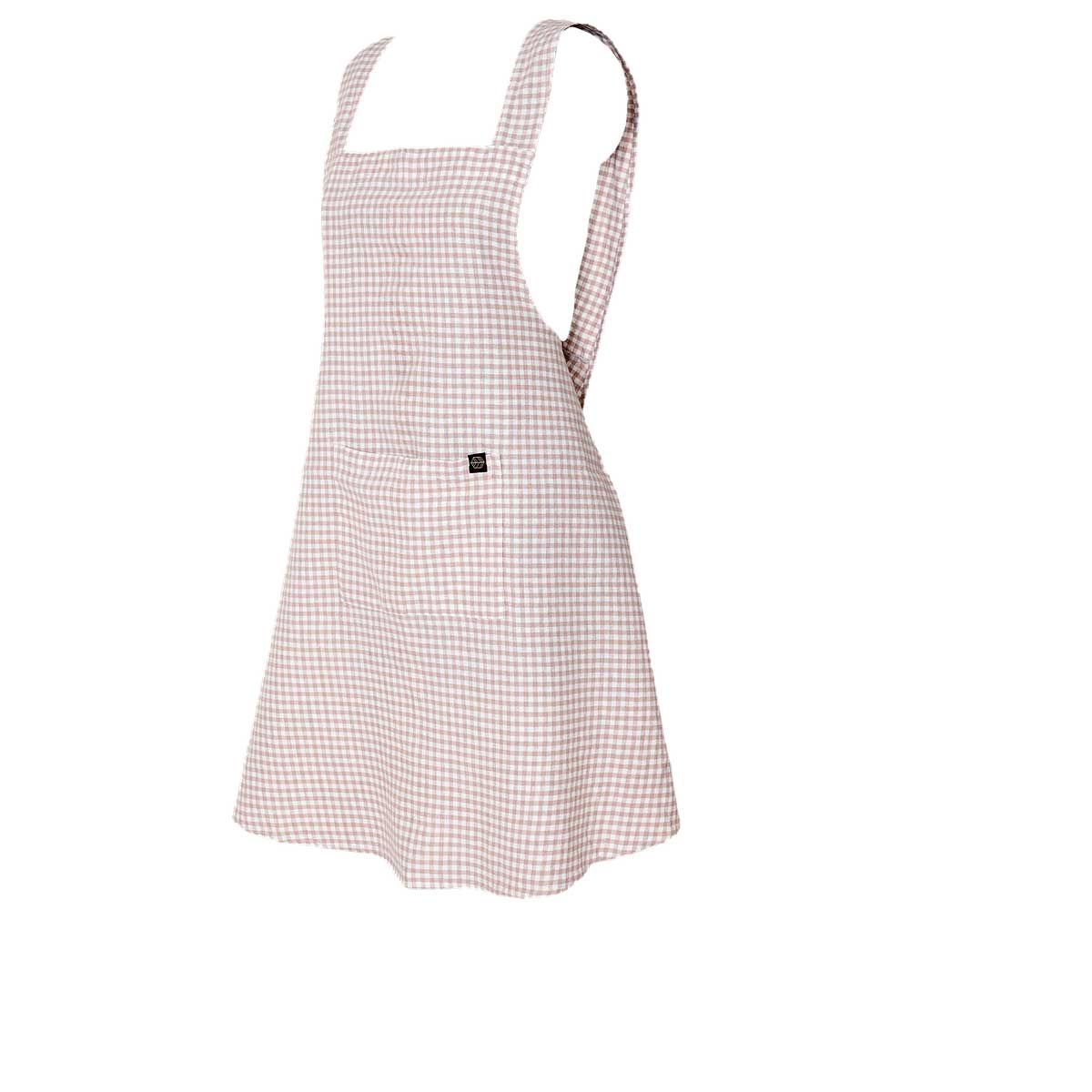 Tablier japonais Piana II Haomy en lin lavé et coton, motif petits carreaux vichy coloris Pétale – coupe croisée et finitions soignées