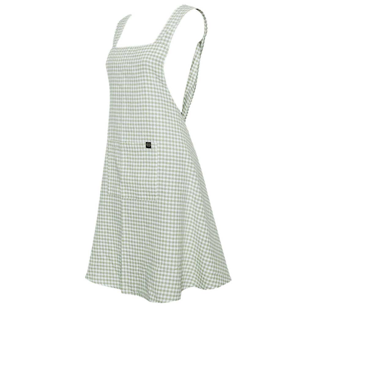 Tablier japonais Piana II Haomy en lin lavé et coton, motif petits carreaux vichy coloris Amande – coupe croisée et finitions soignées