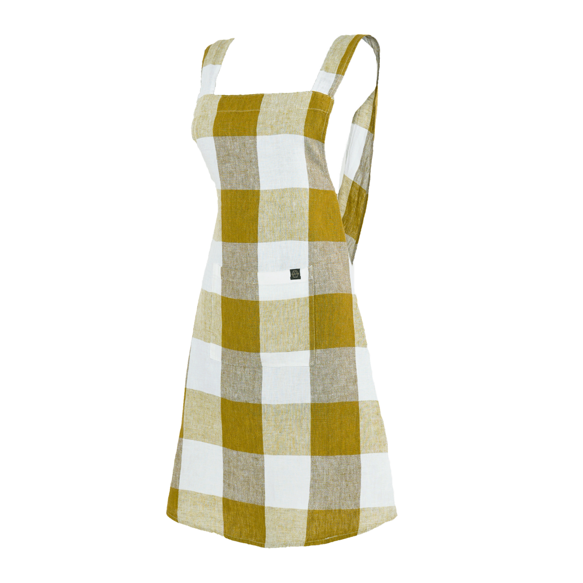 Tablier japonais Palma Haomy en lin, motif à grands carreaux coloris Citrus – coupe croisée et finitions élégantes