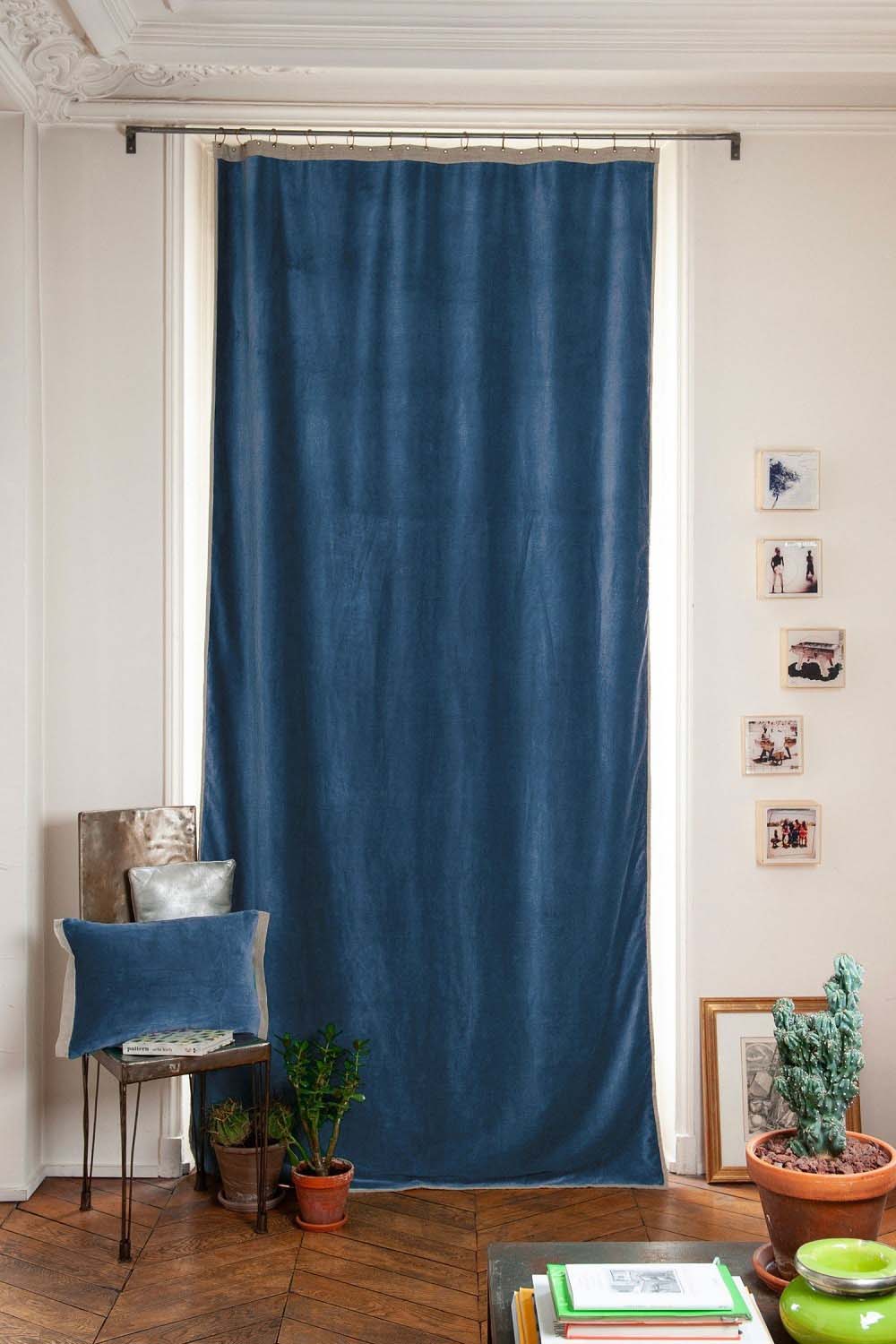 en fil d'indienne-medicis rideau velours occultant 130x280 cm bleu denim
