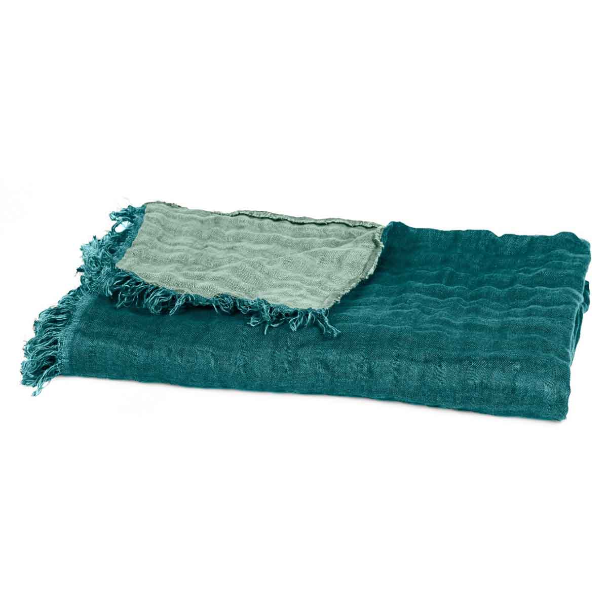 Plaid Baya en lin et coton Harmony Haomy 135x200 cm, jeté de lit et canapé, coloris Bleu de prusse/Céladon